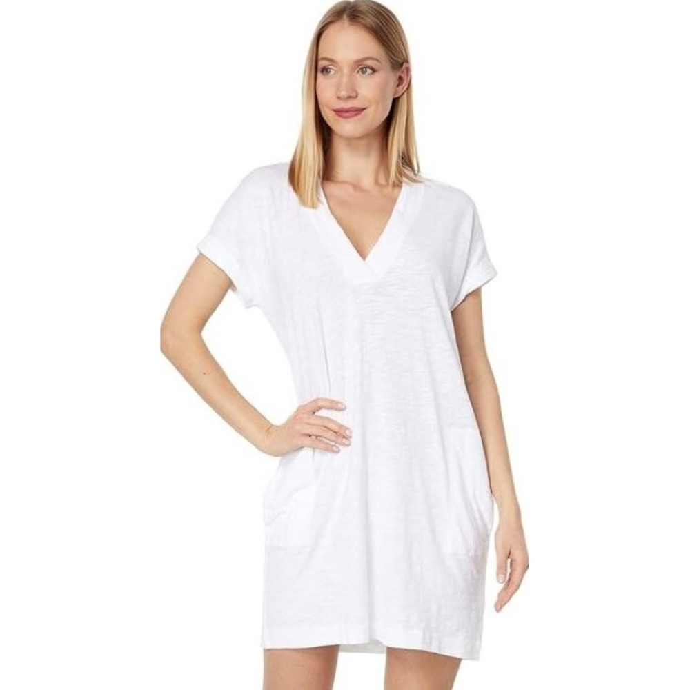 Splendid Women's‎ V-Neck Short Sleeve Pocket Evian Shift Dress in White Small